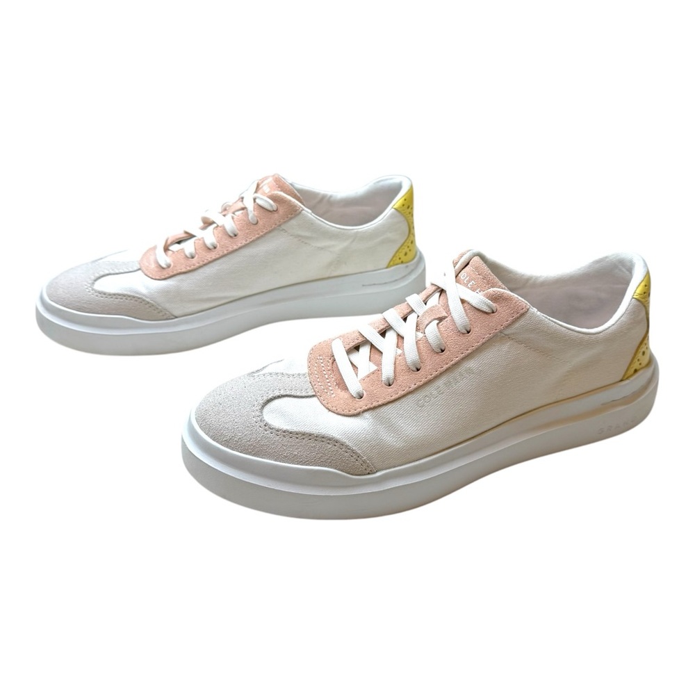 COLE HAAN Sneaker Trainer Grandpro Rally Canvas Suede T-Toe White Pink Yellow 9